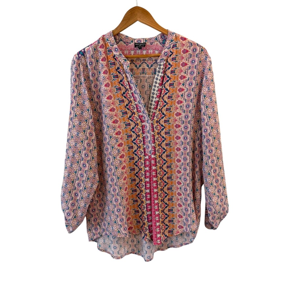 Nicky Hilton X Tolani Silk Tunic Top Womens L Multicolor Geometric Boho Resort